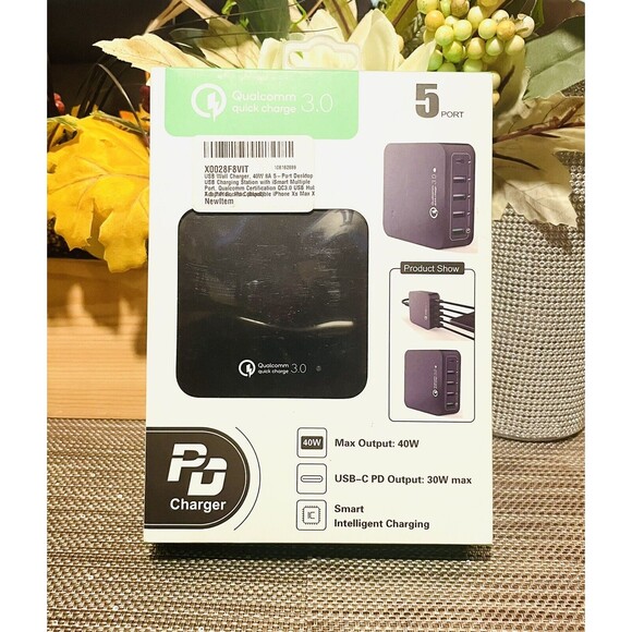 USB-C 40W 8a 5-Port USB Power Adapter Wall Charger Hub QC3.0 - Picture 1 of 2